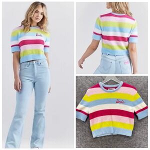 NWT Wrangler Womens Barbie Fuzzy Striped Sweater Size S Mattel Retro Pink Soft